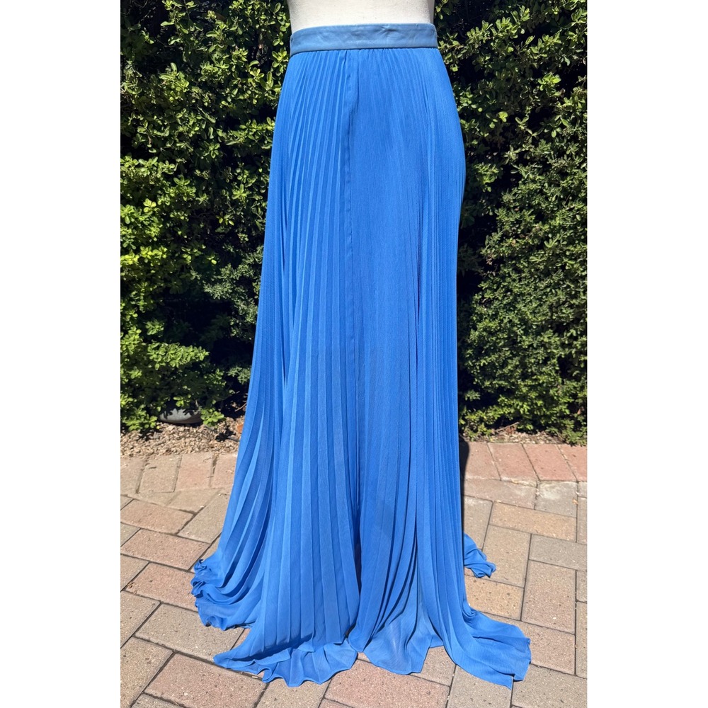 Alice + Olivia Blue Pleated Maxi Skirt Leather Waistband C311318687 Size 8